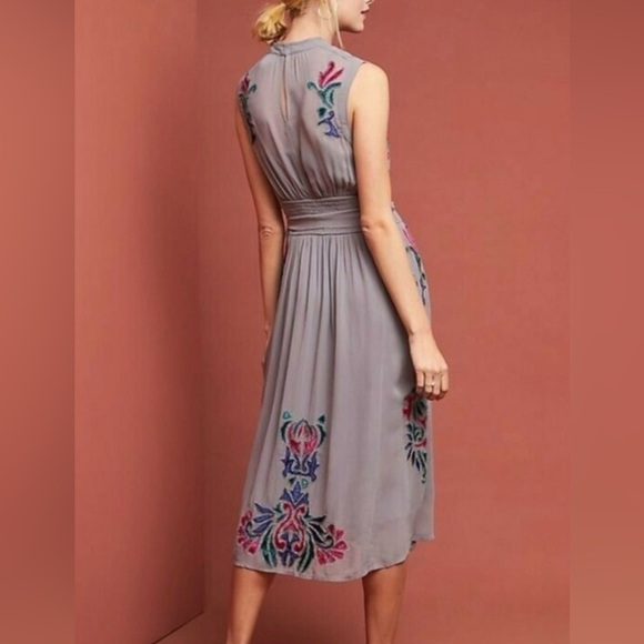 Anthropologie Gray Dress with Floral Embroidery Christmas party Size 10 - Picture 3 of 6